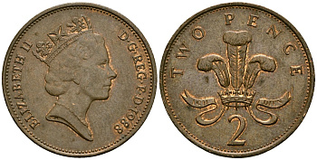 Великобритания 2 пенса 1988 Елизавета II (1952-2022) KM 936, Spink 4376 (C3) бронза 4167-534