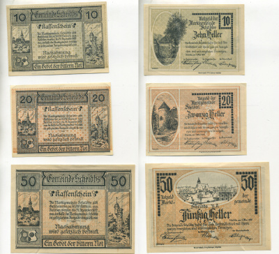 АВСТРИЯ НАБОР ИЗ 3 БАНКНОТ 1920 1 МАЯ 1920-31 ДЕКАБРЯ 1920, НОТГЕЛЬД, 10, 20, 50 ГЕЛЛЕРОВ, SCHEIBBS бумага XF 7217-17-2