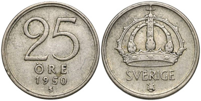 Швеция 25 эре 1950 TS, Густав V (1907-1950), проба 400 KM 816 серебро 4549-1126