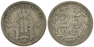 Швеция 25 эре 1897 EB, Оскар II (1872-1907) KM 739 серебро 44-142