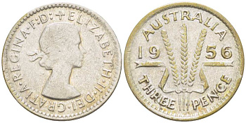 Австралия 3 пенса 1956 m, Елизавета II (1953-) KM 57 серебро 4516-149