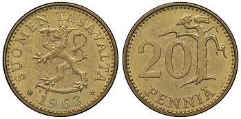 ФИНЛЯНДИЯ 20 ПЕННИ 1963 KM 47 алюминиевая бронза 71-1441