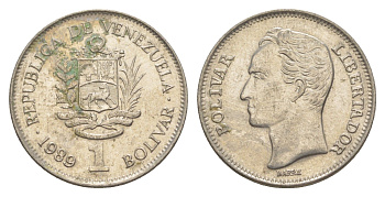 Венесуэла 1 боливар 1989 Симон Боливар, толстый шрифт Y 52a.2 сталь плакированная никелем 4589-247