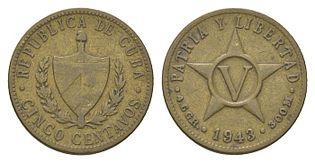 Куба 5 сентаво 1943 KM 11.3a латунь 4623-665