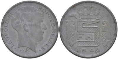 БЕЛЬГИЯ 5 ФРАНКОВ 1941 BELGES, ГЕРМАНСКАЯ ОККУПАЦИЯ, ВТОРАЯ МИРОВАЯ ВОЙНА KM 129.1 цинк 68-237