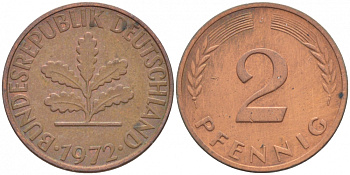 ФРГ 2 ПФЕННИГА 1972 J KM 106a, J.381a сталь плакированная сталь плакированная медьюю 4396-1564