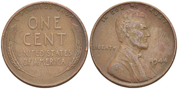 США 1 цент 1944 Линкольн KM А132 медь цинк 218-164