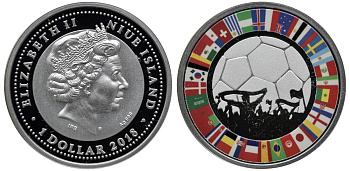 Ниуэ 1 доллар 2018 Чемпионат мира по футболу Москва 2018, флаги участников, в оригинальной коробке, тираж 500 экземпляров, цветная эмаль KM NEW серебро PROOF 00-00-00
