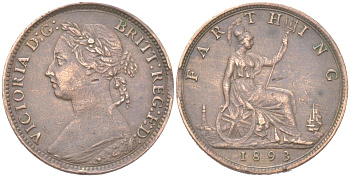 Великобритания 1 фартинг 1893 Виктория (1837-1901) KM 753, Spink 3958 бронза 4613-437