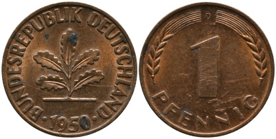 ФРГ 1 ПФЕННИГ 1950 D KM 105, J.380 сталь плакированная медью 96-1057