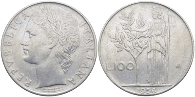 ИТАЛИЯ 100 ЛИР 1956 R, АФИНА KM 96.1 нержавеющая сталь 109-722