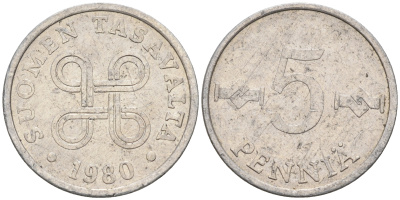Финляндия 5 пенни 1980  KM 45a алюминий    4189-115