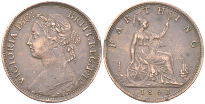 Великобритания 1 фартинг 1893 Виктория (1837-1901) KM 753, Spink 3958 бронза 4613-437