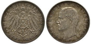 Бавария 3 марки 1909 Отто (1886-1913) Weege 45, J. 47, KM 515 серебро 3711-1913