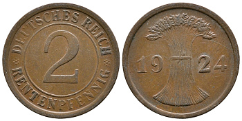 ГЕРМАНИЯ 2 РЕНТЕНПФЕННИГА 1924 A KM 31, J.307 бронза 73-1331