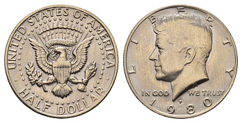 США 1/2 доллара (50 центов) 1980 P, Джон Кеннеди KM A202b медь плакированная медно-никелем UNC 4672-611