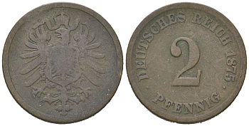 Германия 2 пфеннига 1875 Вильгельм I (1871-1888) KM 2, J. 2 медь 4615-721