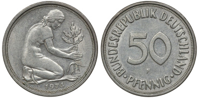 ФРГ 50 ПФЕННИГОВ 1974 F J 384a, KM 109.2 медно-никель aUNC 72-1054