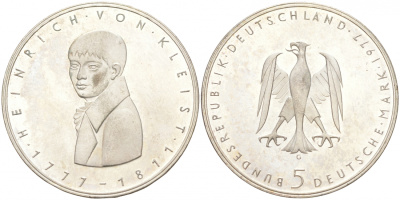 ФРГ 5 марок 1977 G, 200 лет со дня рождения Генриха фон Клейста KM 146, J. 421 серебро 3855-626