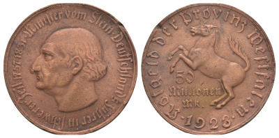 Вестфалия 50000000 марок 1923 Funck 645.12, J N23a, Men18 33512.30 томпак плакированный латунью 1066-4-12