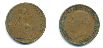 Великобритания 1/2 пенни 1927 Георг V (1910-1936), большая голова KM 824, Spink 4058 бронза 4383-945