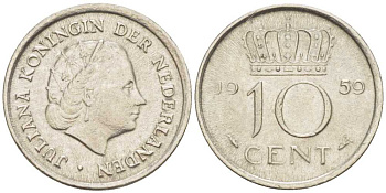 НИДЕРЛАНДЫ 10 ЦЕНТОВ 1959 ЮЛИАНА (1948-1980) KM 182 никель 214-1155