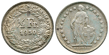 ШВЕЙЦАРИЯ 1/2 ФРАНКА 1950 В KM 23 серебро 89-337