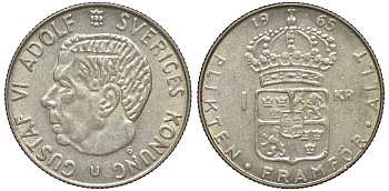 Швеция 1 крона 1965 U, Густав VI Адольф (1950-1973) KM 826 серебро 4178-444