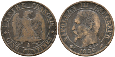 ФРАНЦИЯ 5 САНТИМОВ 1856 А, НАПОЛЕОН III (1852-1870) KM 777.1, LA FRANC 116.30 бронза 28-923