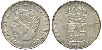 Швеция 1 крона 1965 U, Густав VI Адольф (1950-1973) KM 826 серебро 4178-444