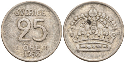 Швеция 25 эре 1956 TS, Густав VI Адольф (1950-1973) KM 824 серебро 4147-1048