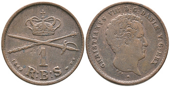 ДАНИЯ 1 РИГСБАНКСКИЛЛИНГ 1842 VS, КРИСТИАН VIII (1839-1848) KM 726.2 (С120.2) медь 34-542