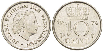 НИДЕРЛАНДЫ 10 ЦЕНТОВ 1974 ЮЛИАНА (1948-1980) KM 182 никель 116-615