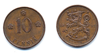 Финляндия 10 пенни 1937 KM 24 медь 51-5621