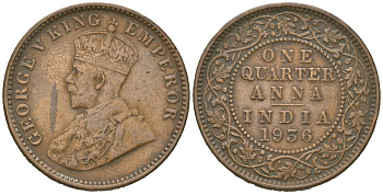 Британская Индия 1/4 анны 1936 Георг V (1910-1936) KM 512 бронза 98-521