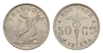 Бельгия 50 сантимов 1933 Belgique, Альберт I (1909-1934) KM 87 никель 4636-127
