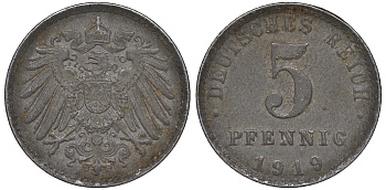 ГЕРМАНИЯ 5 ПФЕННИГОВ 1919 A KM 19, J. 297 железо 45-1161
