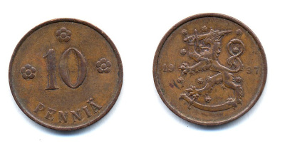 Финляндия 10 пенни 1937 KM 24 медь 51-5621