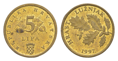 Хорватия 5 лип 1997 дуб, нечетный год KM 5 сталь плакированная латунью aUNC 3334-1221