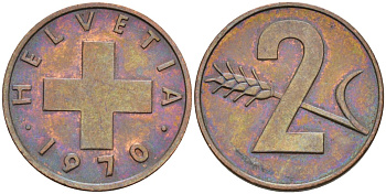 Швейцария 2 раппена 1970 KM 47 бронза 4592-713