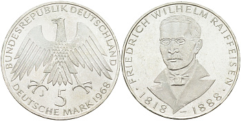 ФРГ 5 марок 1968 J, 150 лет со дня рождения Фридриха Вильгельма Райффайзена J. 396, KM 121 серебро 4117-233