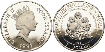 Острова Кука 2 доллара 1997 Королева Елизавета (королева-мать), с дочерями KM 376 серебро PROOF 11-070-11