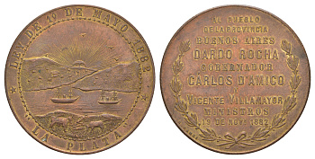 Аргентина медаль "основание города Ла-Платы" 1882 медальер Н. Рамос, диаметр 37 мм, вес 35,4 гр MoViArg DGGP_B бронза 413-634