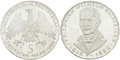 ФРГ 5 марок 1968 J, 150 лет со дня рождения Фридриха Вильгельма Райффайзена J. 396, KM 121 серебро 4117-233
