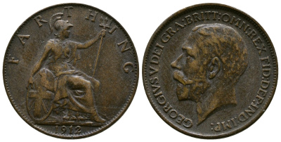 Великобритания 1 фартинг 1912 Георг V (1910-1936) KM 808.1, Spink 4059 бронза 4384-334