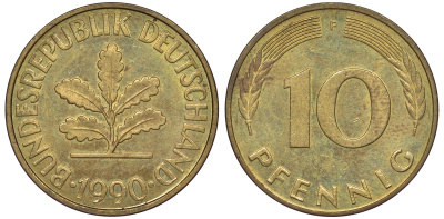ФРГ 10 пфеннигов 1990 F KM 108, J 383 сталь плакированная латунью 25-1827