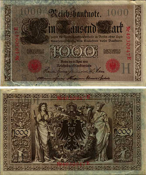 ГЕРМАНИЯ 1000 МАРОК 1910 21 АПРЕЛЯ 1910, СЕМЬ ЦИФР В НОМЕРЕ, КРАСНАЯ ПЕЧАТЬ Pick 44b бумага 6318-18-2