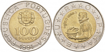 Португалия 100 эскудо 1991 Педру Нуниш (1502-1578), математик KM 645.1 биметалл UNC 73-335