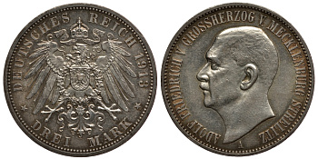 Мекленбург-Стрелиц 3 марки 1913 Адольф Фридрих V Мекленбургский (1904-1914) J. 92, KM 120 серебро aUNC 10-010-79
