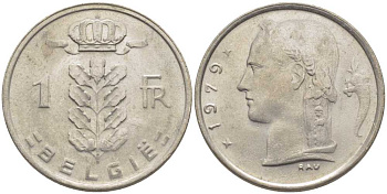 БЕЛЬГИЯ 1 ФРАНК 1979 BELGIE, БОДУЭН I (1951-1993) KM 143.1 медно-никель 119-646